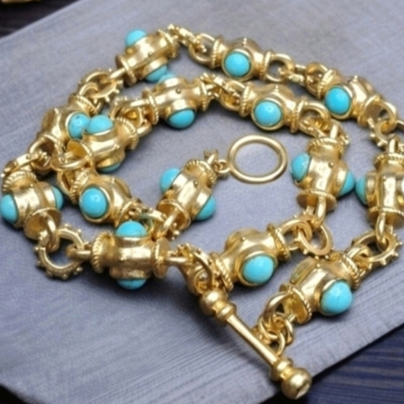 Designer Jewelry - Matte Gold Byzantine Revival Turquoise Cabochon Toggle Necklace